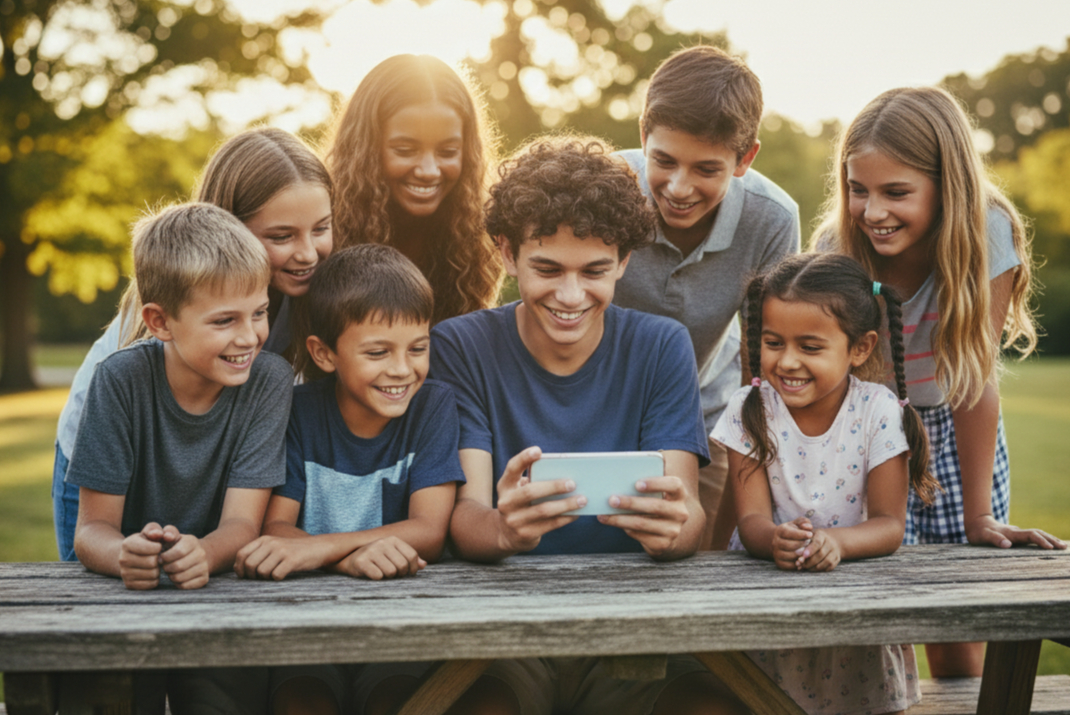 Elemento gráfico - crianças e adolescentes utilizando um smartphone